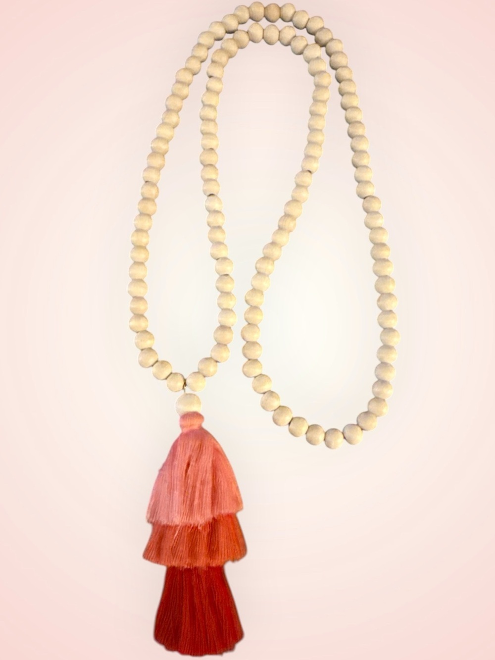 Boho Wooden Bead Tassel Necklace – 28” Long Pink/Coral Ombre Tassel